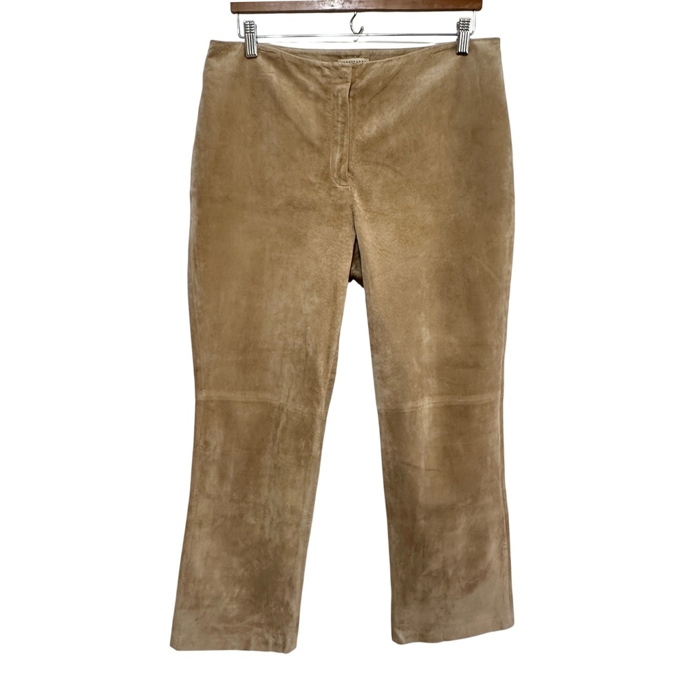 Apostrophe Suede Leather Pants Womens 14P Tan Mid Rise Wide Leg Western Luxury
